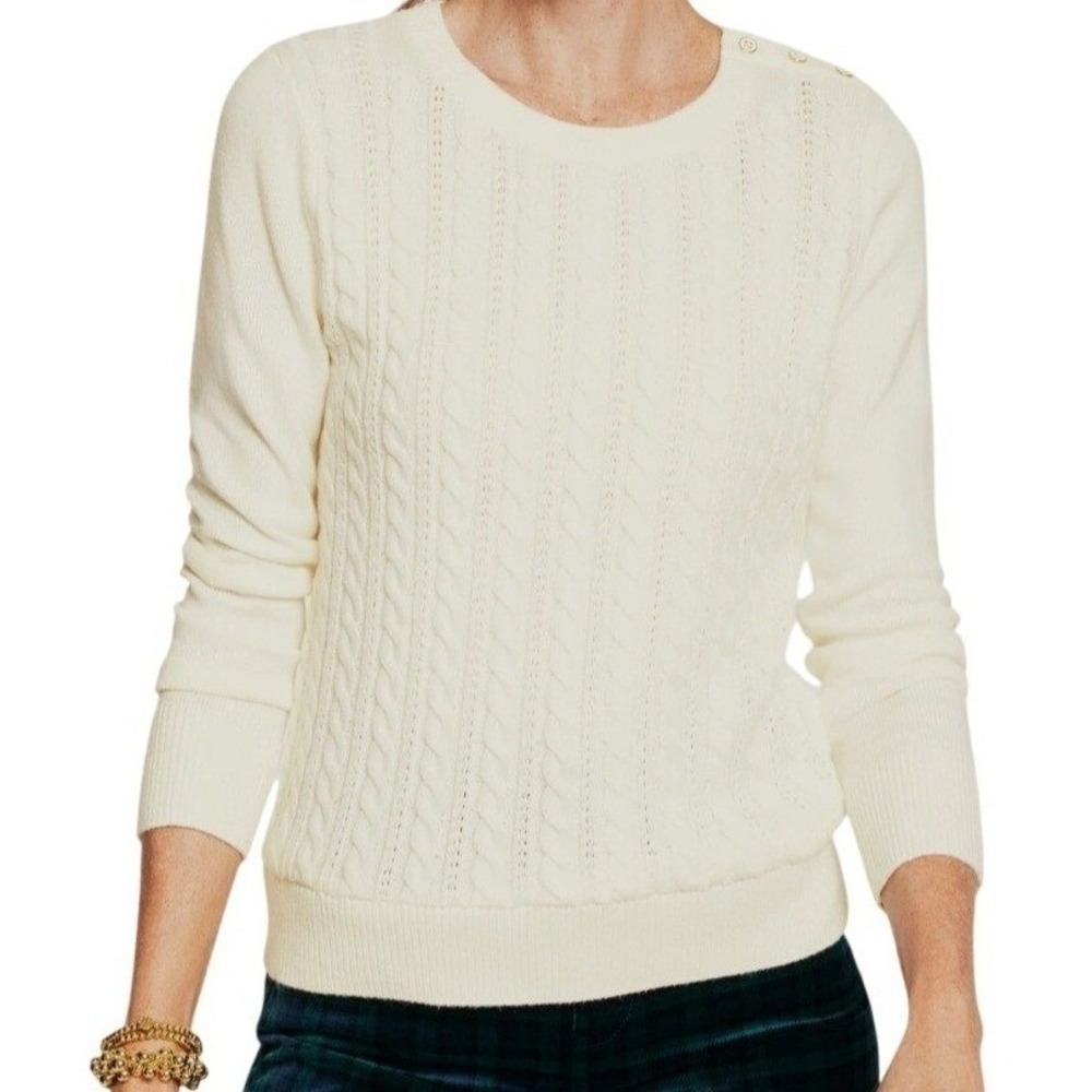 Talbots Womens Sweater Size M Cable Knit Crew Neck Long Sleeve Beige Casual‎